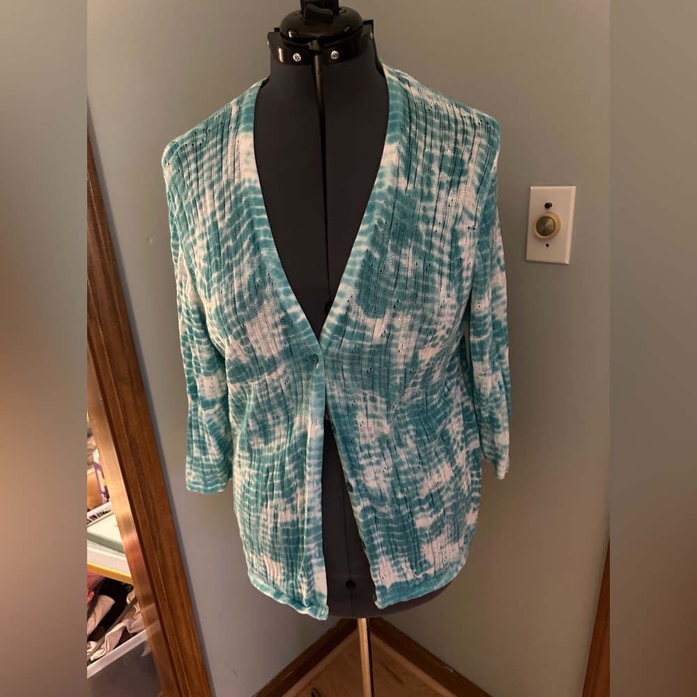 Chico’s cardigan. Aqua and white, Chico’s size 3